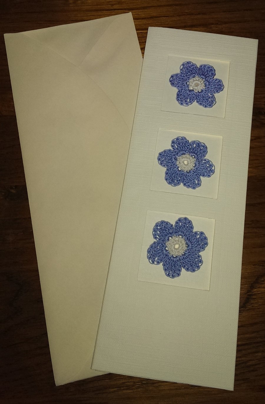 TALL CREAM LINEN EFFECT CARD WITH 3 LOVELY BLUE FLOWERS - CREATE YOUR  MESSAGE 