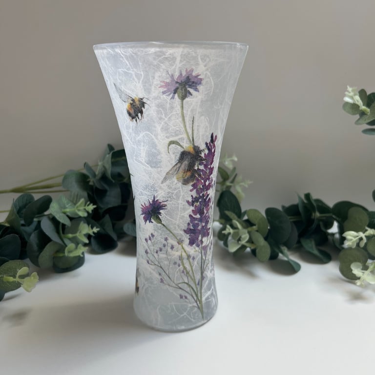 Decoupage Glass Vase:  Floral & Bee Design, Home Decor, Upcycled