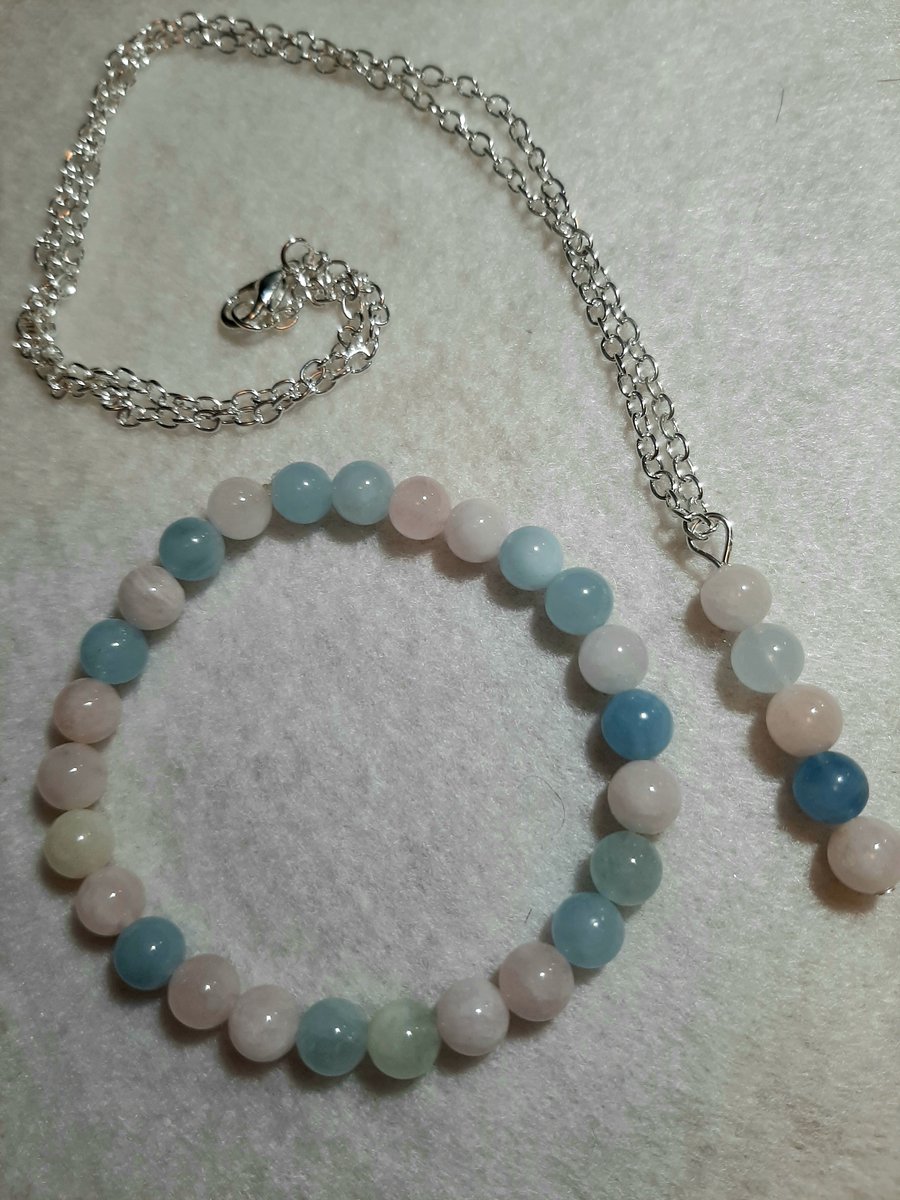 Handcrafted Morganite stretch bracelet and drop bead pendant set - Pink and Blue