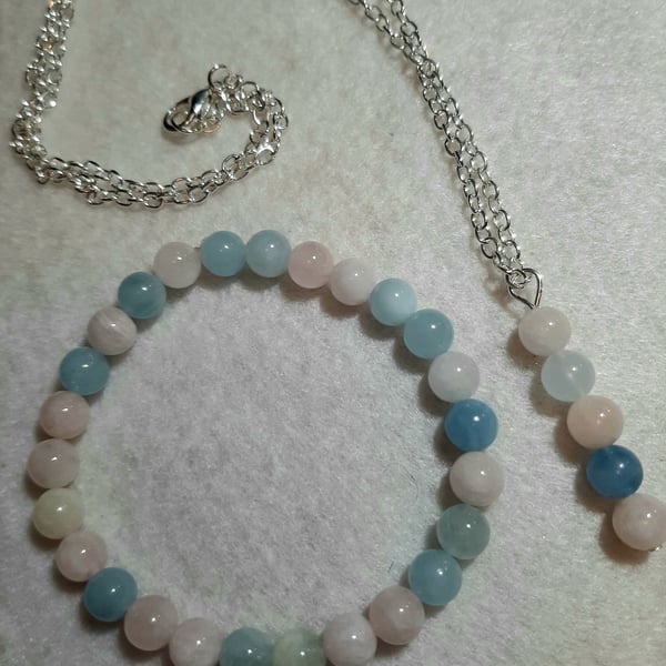 Handcrafted Morganite stretch bracelet and drop bead pendant set - Pink and Blue