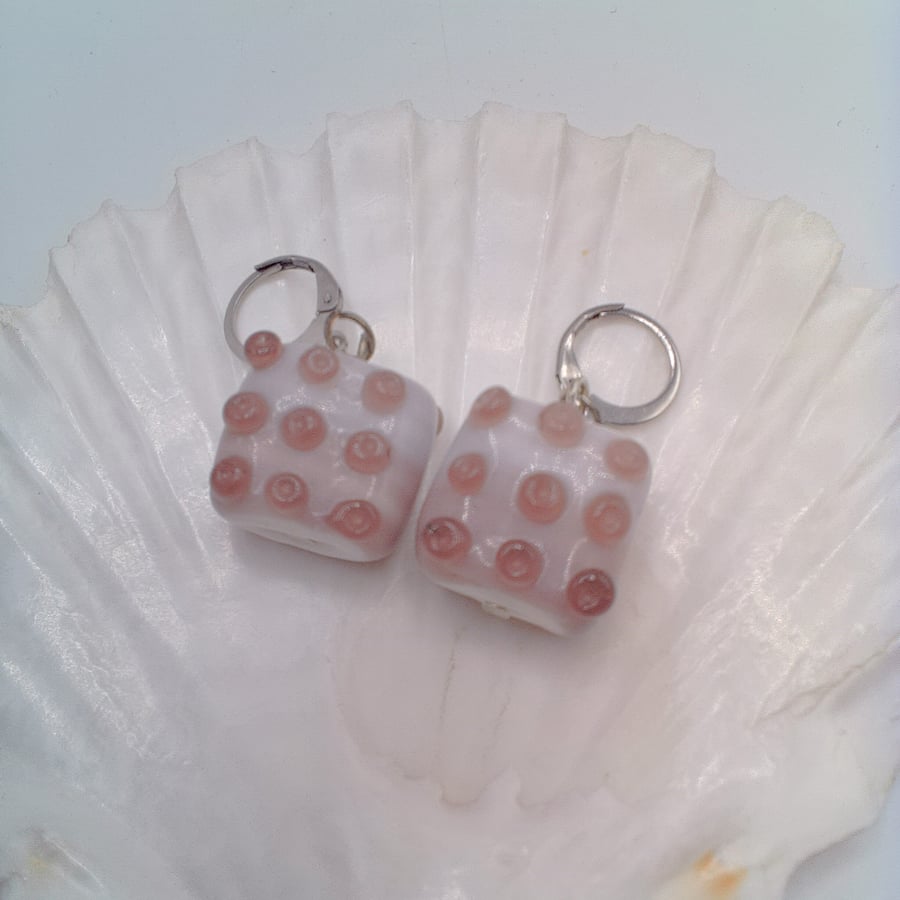 Lilac Art Glass Bead Earrings with Purple Dots, Gift for Her, Art Glass Earrings