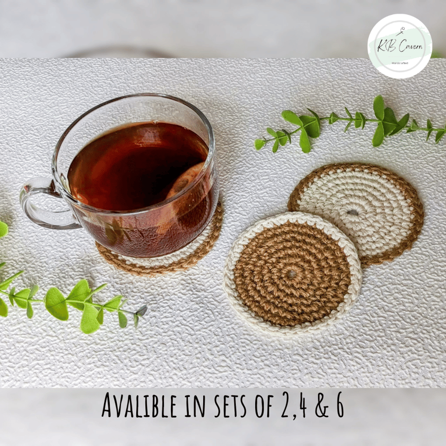 Natural Coasters, Set of 2, 4, 6 Round Crochet Coasters, Eco-Friendly