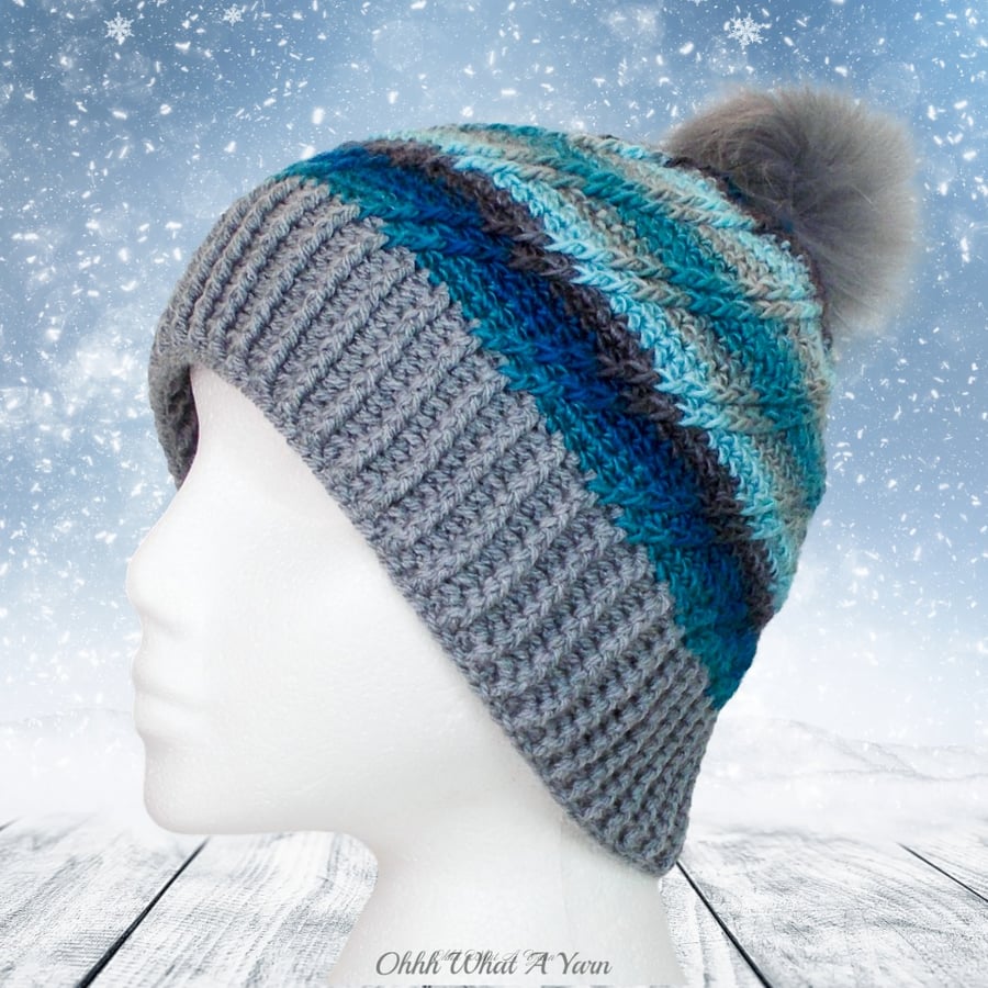 Crochet hat, beanie. Blue and grey ombre ladies swirl pom pom hat. Ladies hat.