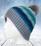 Crochet hat, beanie. Blue and grey ombre ladies swirl pom pom hat. Ladies hat. - Image 1