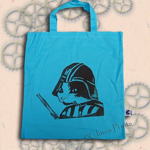 Darth Vadar Cat Tote Animal Linocut Hand Printed Blue Shopping Bag