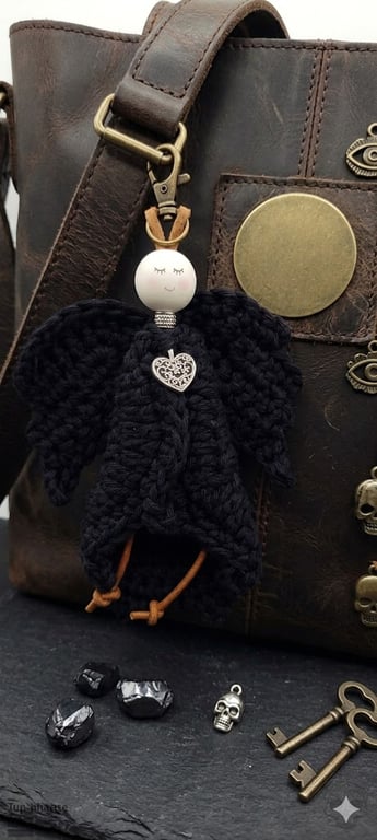 Gothic Angel Bag Charm Black Crochet Wings, Tibetan Silver Heart Accessory