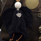 Gothic Angel Bag Charm Black Crochet Wings, Tibetan Silver Heart Accessory