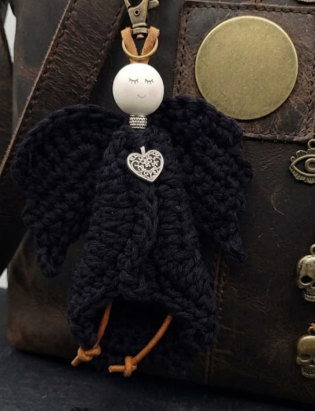 Gothic Angel Bag Charm Black Crochet Wings, Tibetan Silver Heart Accessory