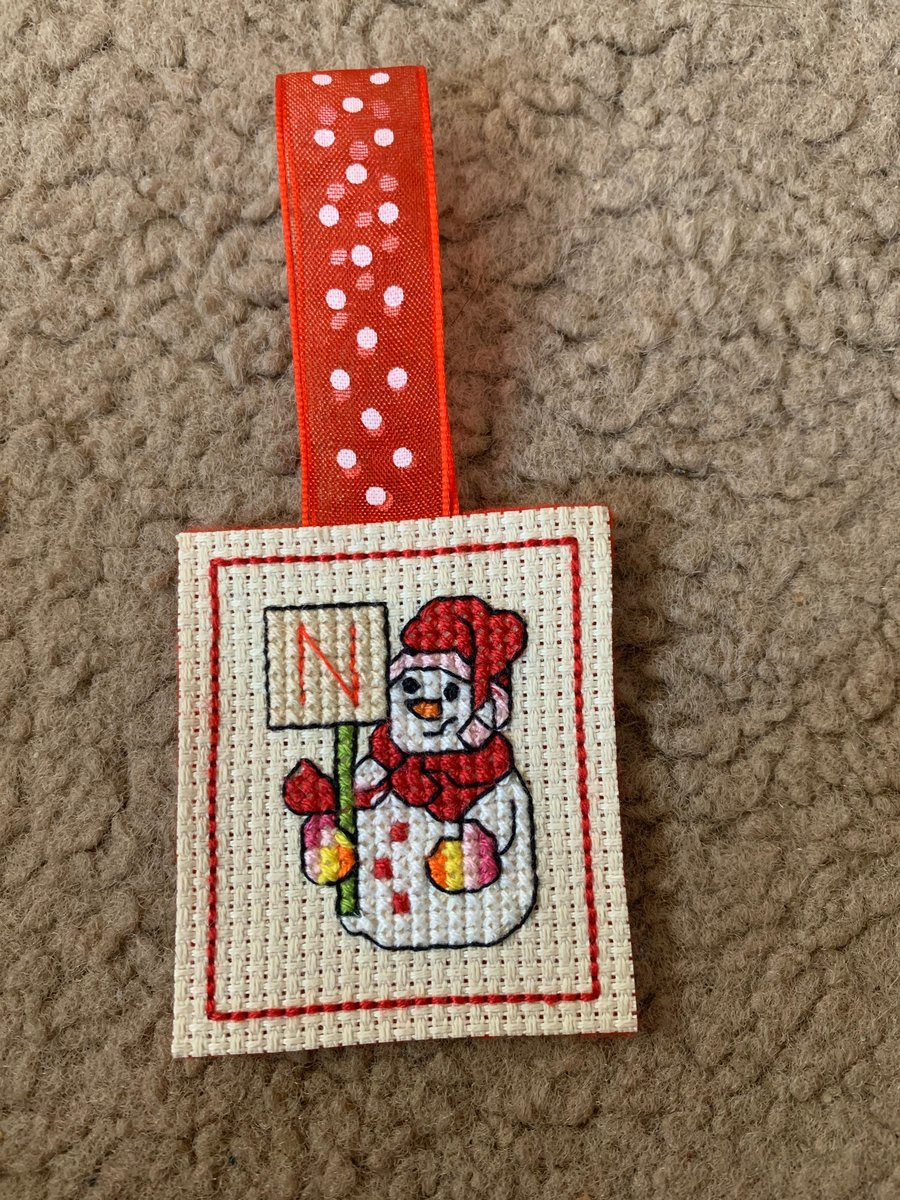 Cross stitched snowman initial N Christmas decorations, initial N snowman Christ
