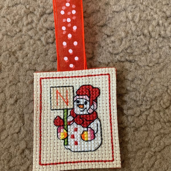 Cross stitched snowman initial N Christmas decorations, initial N snowman Christ