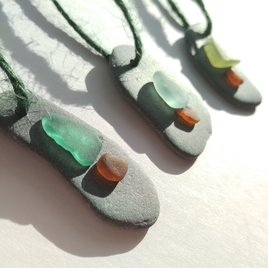 Mixed shades of green Sea Glass and Slate Christmas Tree Hanging Decoration