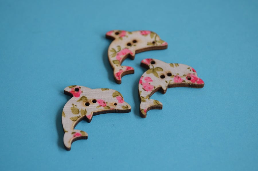 Wooden Dolphin Floral Buttons Pink Green 3pk 32x20mm Sea Nautical Flowers (DP4)