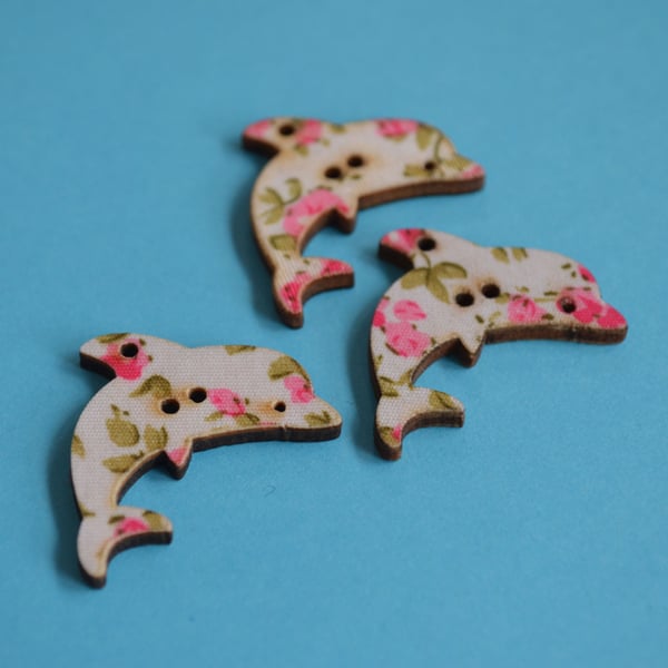 Wooden Dolphin Floral Buttons Pink Green 3pk 32x20mm Sea Nautical Flowers (DP4)