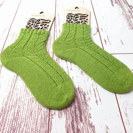 Hand knitted lace women socks, Size 5-6 UK, Green girls wool socks, Gift for her