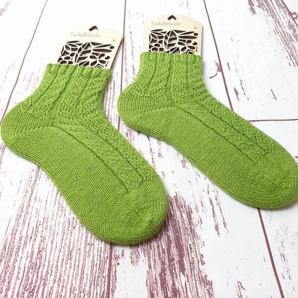 Hand knitted lace women socks, Green girls wool knit socks, Gift for her