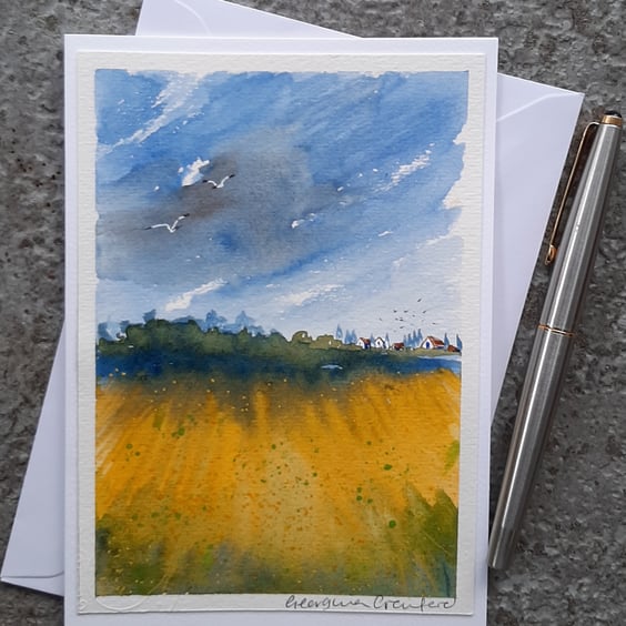 Summer. Original Painting Blank Card. Countryside View. Paper Art
