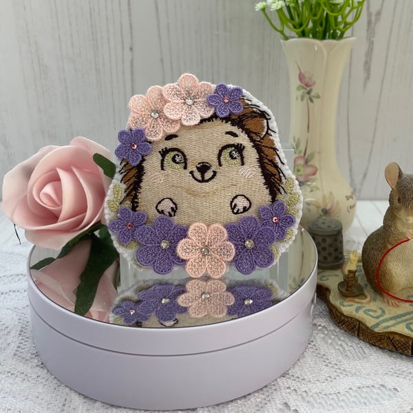 Hedgehog and Flower Brooch PB5