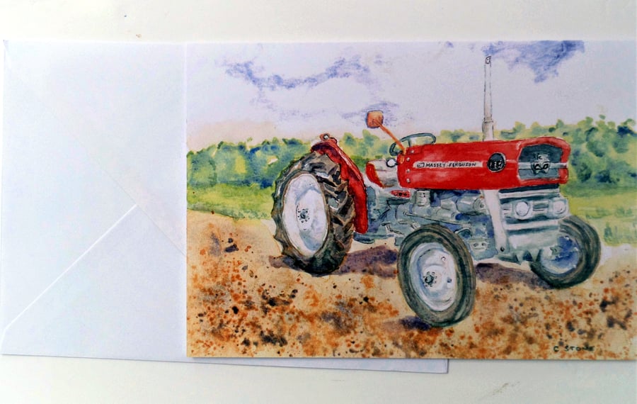 Blank greetings card A5 Massey Ferguson 135 tractor from original watercolour. 