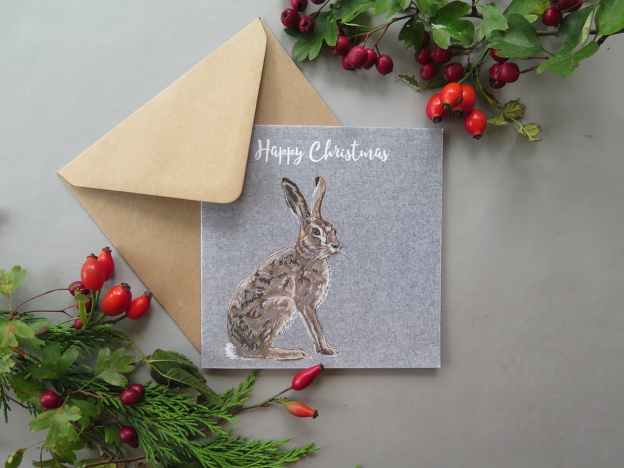 Hare Christmas card, printed on recycled card, blank inside