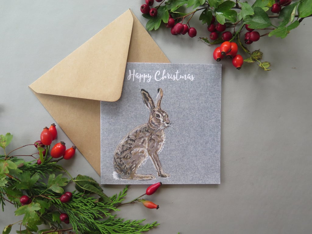 Hare Christmas card, printed on recycled card, blank inside