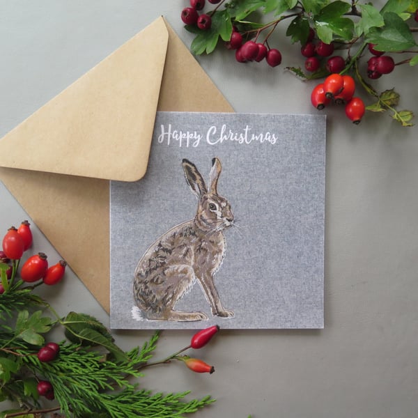 Hare Christmas card, printed on recycled card, blank inside