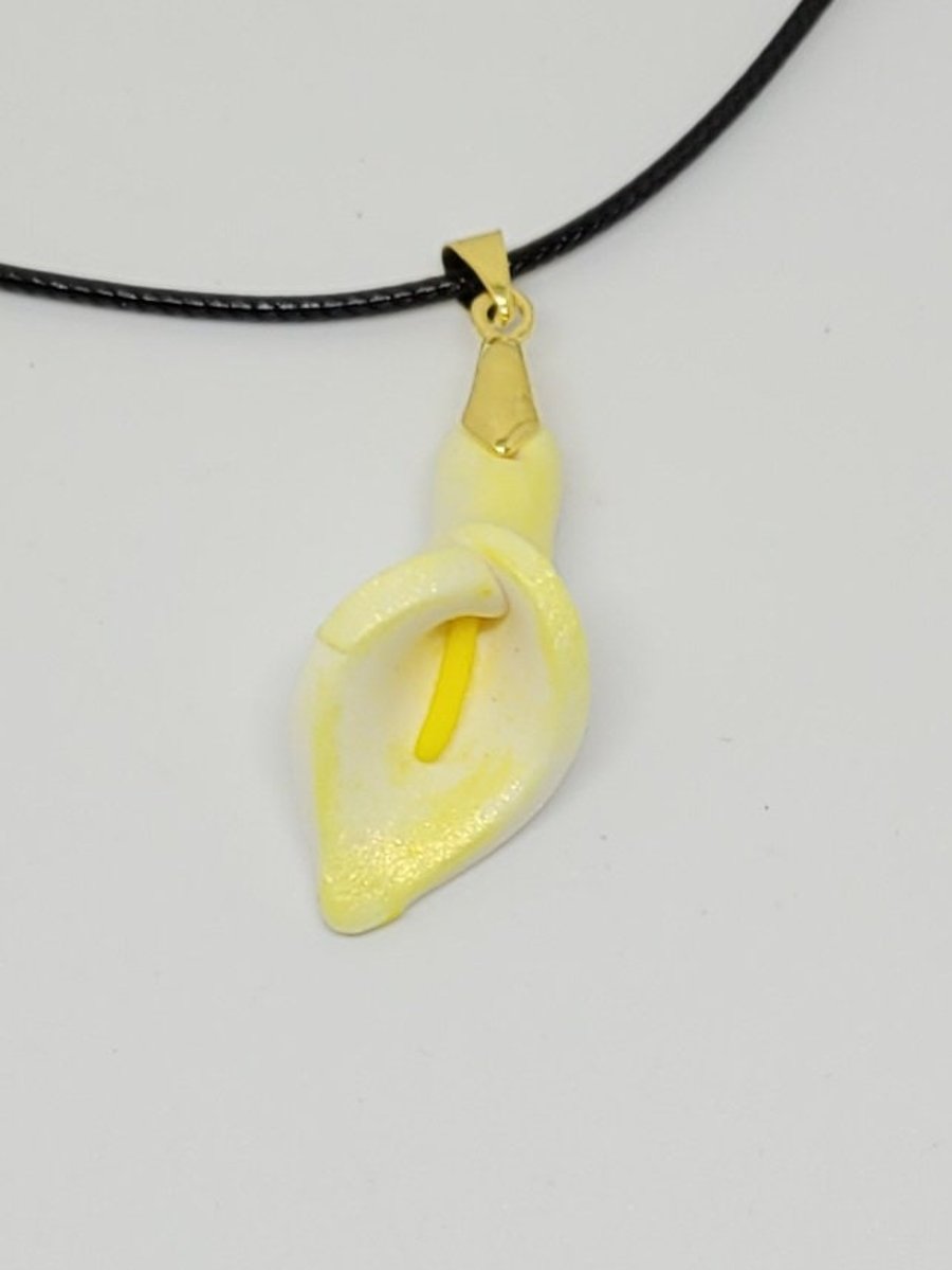 calla lily pendant unique artisan necklace crafted with polymer clay yellow
