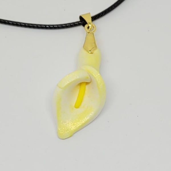 calla lily pendant unique artisan necklace crafted with polymer clay yellow