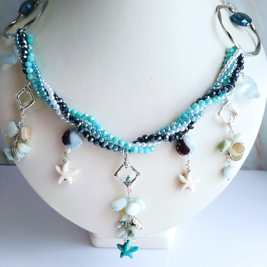 Shades of Blue Sea Themed Crystal Shell Adjustable Necklace 18 to 20 Inch