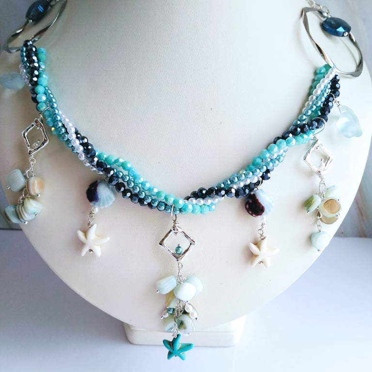 Shades of Blue Sea Themed Crystal Shell Adjustable Necklace 18 to 20 Inch