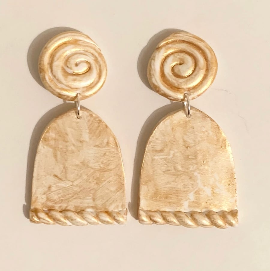 Unique gold grecian style polymer clay lightweight dangle earrings 