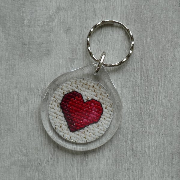 Red Cross Stitch Heart - Round Keyring