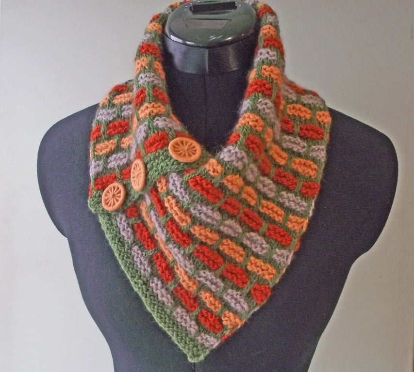 Cowl, Buttoned Scarf, Dickie, Neckwarmer, Handspun, Knitted, Green, Peach, Rust,