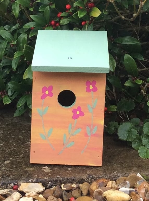 Hand Painted Pink Flowered Bird House