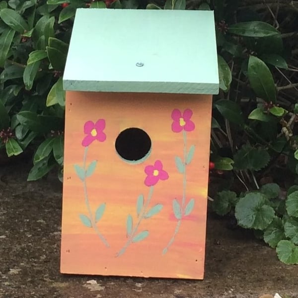 Hand Painted Pink Flowered Bird House