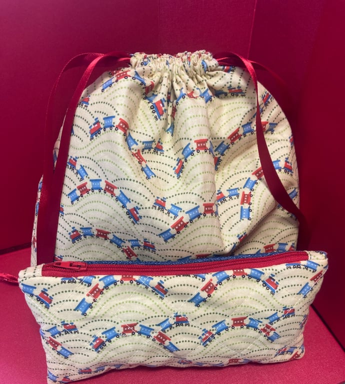 Train themed fabric waterproof bag & matching pouch