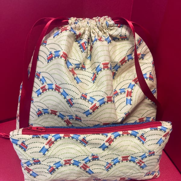 Train themed fabric waterproof bag & matching pouch