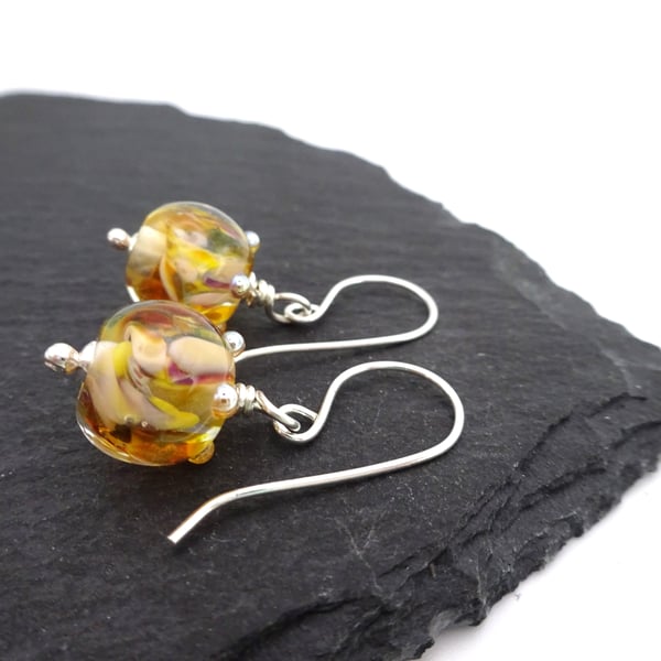sterling silver earrings, yellow and brown lampwork glass jewellery
