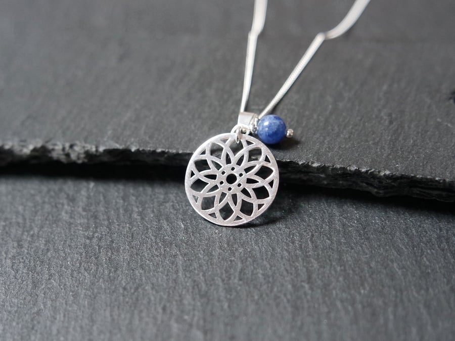 925 Sterling Silver Mandala Necklace Sodalite blue
