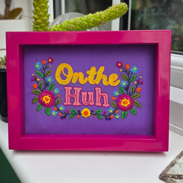 'On the Huh' Hand Embroidered Floral Framed Wall Art – 5x7 Inch gloss pink bo Fr