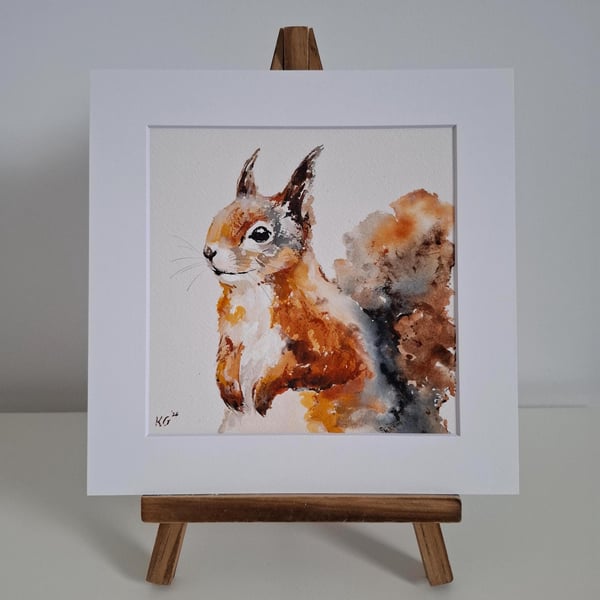 Original Squirrel Painting, Watercolour Art, 15x15cm, Mounted 8x8"