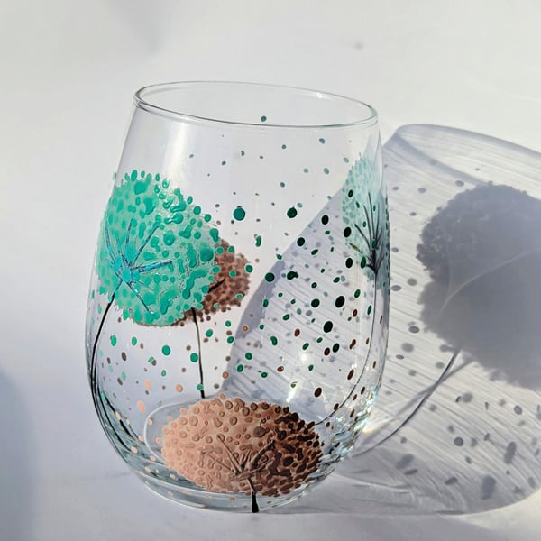 Bespoke Hand Painted Stemless Wine GlassTumbler: Dandelion