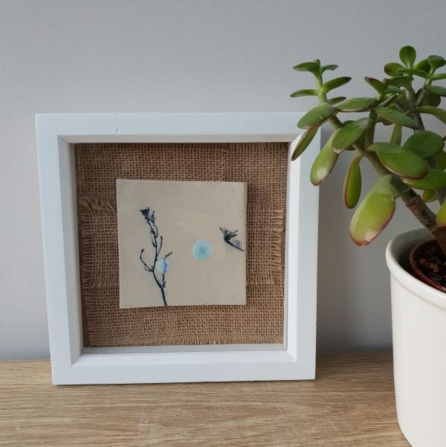 Framed Ceramic Botanical Tile – Thin Blue Branches
