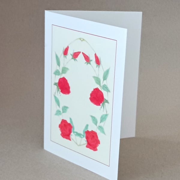 Rose Bower blank inside handmade card, from a stencil picture of red roses