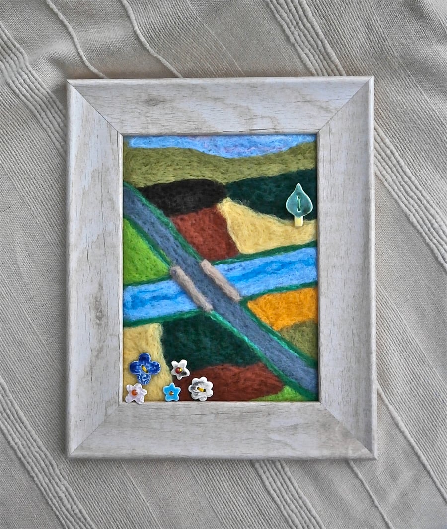Needle felted landscape with ceramic buttons, Country scenery wall art, 3t