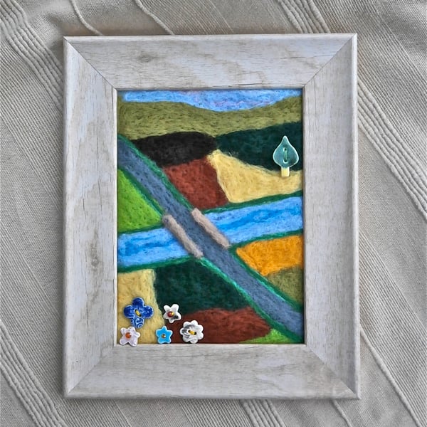 Needle felted landscape with ceramic buttons, Country scenery wall art, 3t