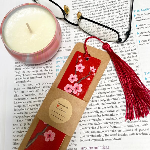 Cherry Blossom Wooden Bookmark Hand Painted With Tassel