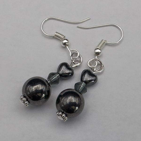 Handmade tiny heart earrings, dark blue, grey and silver