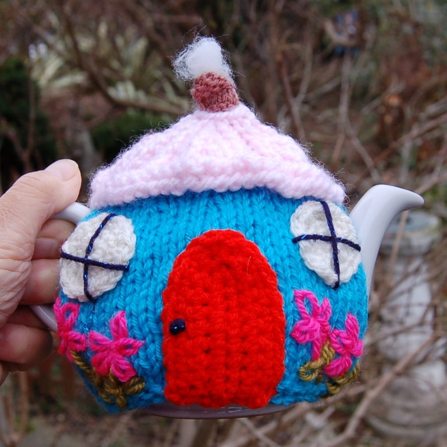 Country cottage tea cosy - hand embroidered, to fit a tea for one or two  teapot