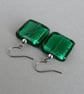 Big Teal Fused Glass Dangle Earrings - Large Emerald Green Square Drop Earrings - Image 2