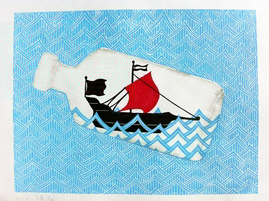 Ship in a Bottle: Woodcut Print